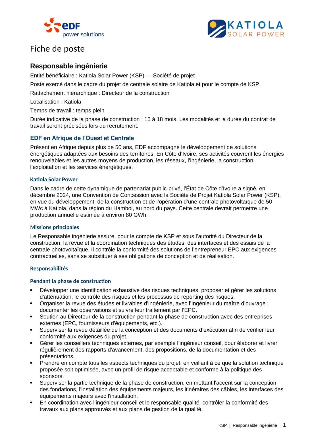 Offre RECRUTEMENT RESPONSABLE INGENIERIE H/F à COTE D'IVOIRE