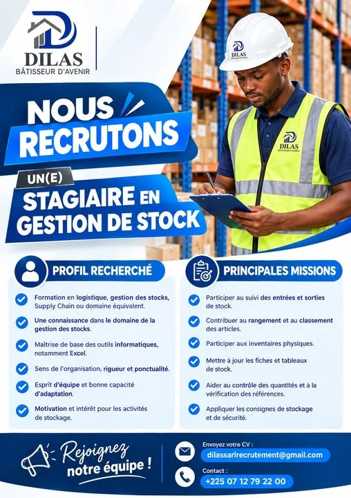 Offre RECRUTEMENT STAGIAIRE EN GESTION DE STOCK (H/F) à COTE D'IVOIRE
