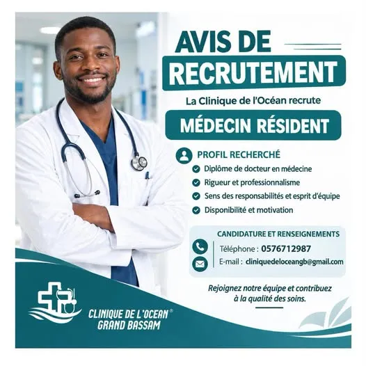 Offre CLINIQUE RECRUTE MÉDECIN RÉSIDENT à COTE D'IVOIRE
