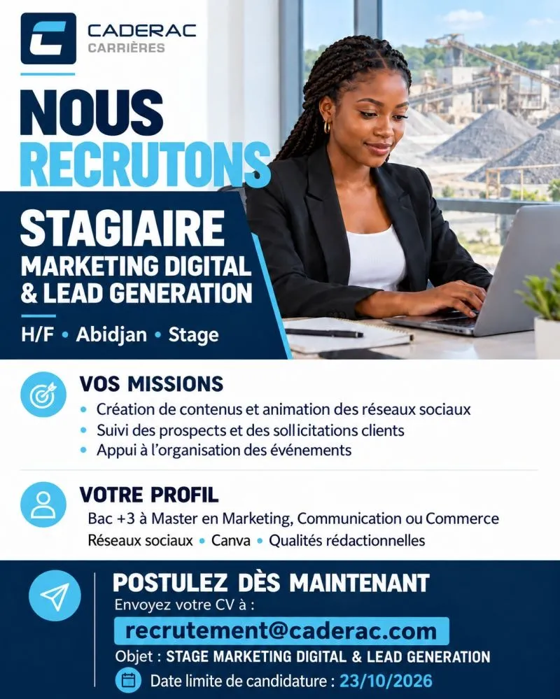 Offre RECRUTEMENT STAGIAIRE MARKETING DIGITAL à COTE D'IVOIRE