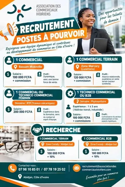 Offre RECRUTEMENT D'UN COMMERCIAL (H/F) à GRAND-BASSAM