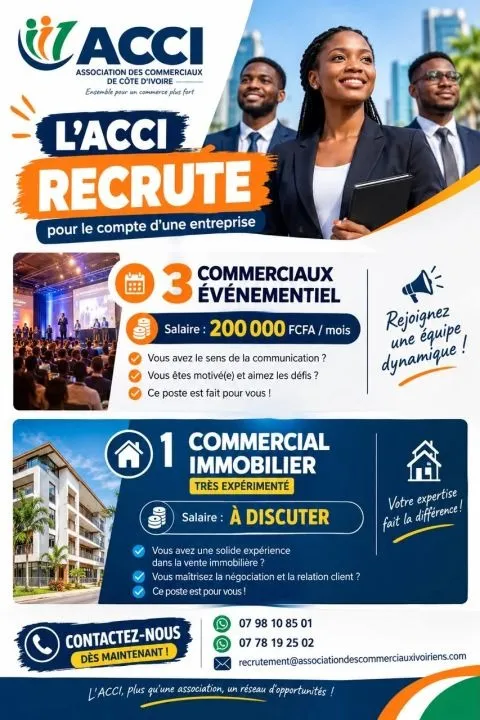 Offre RECRUTEMENT TROIS COMMERCIAUX EVENEMENTIEL à COTE D'IVOIRE