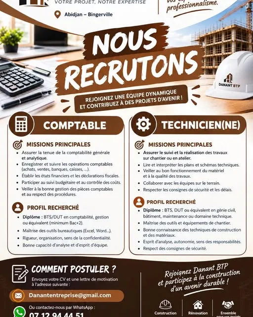 Offre RECRUTEMENT COMPTABLE / TECHNICIEN (H/F) à ABIDJAN