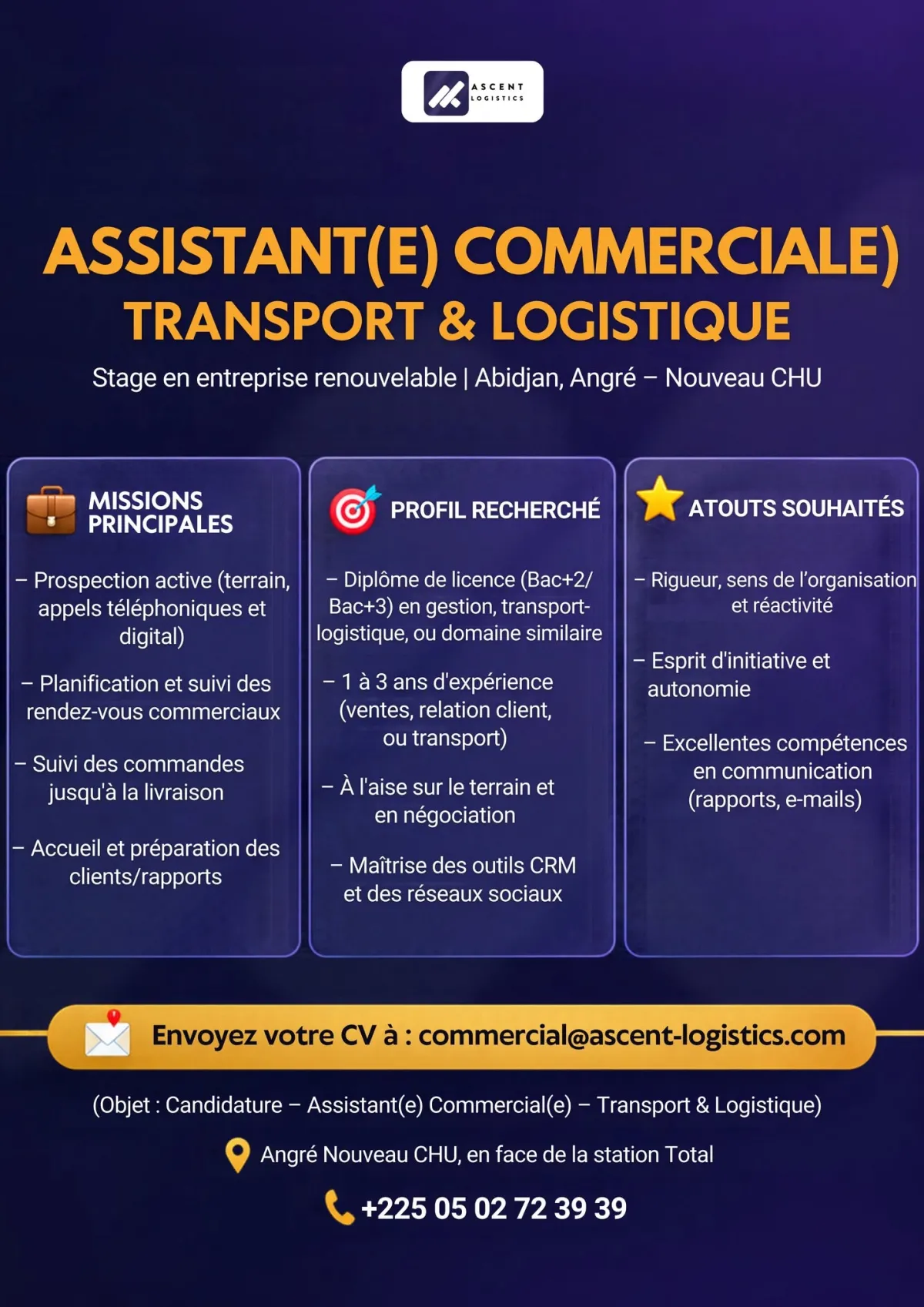 Offre RECRUTEMENT 𝐀𝐒𝐒𝐈𝐒𝐓𝐀𝐍𝐓(𝐄) 𝐂𝐎𝐌𝐌𝐄𝐑𝐂𝐈𝐀𝐋(𝐄) (H/F) à COTE D'IVOIRE