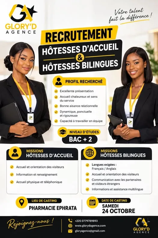 Offre RECRUTEMENT DES HOTESSES D'ACCUEIL à ABIDJAN