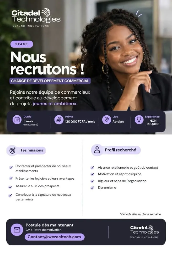 Offre RECRUTEMENT CHARGÉ DE DÉVELOPPEMENT à Abidjan