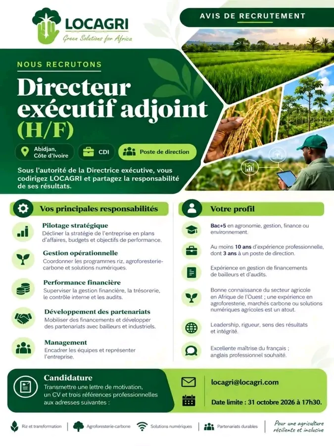 Offre RECRUTEMENT DIRECTEUR EXECUTIF ADJOINT H/F à Cote d'ivoire