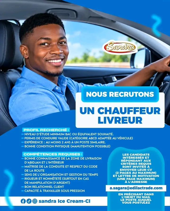 Offre RECRUTEMENT D'UN CHAUFFEUR LIVREUR à Cote d'ivoire
