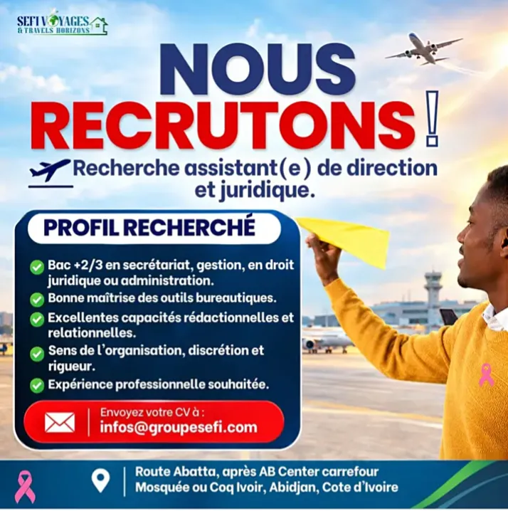 Offre RECRUTEMENT ASSISTANT DE DIRECTION JURIDIQUE (H/F) à Abidjan