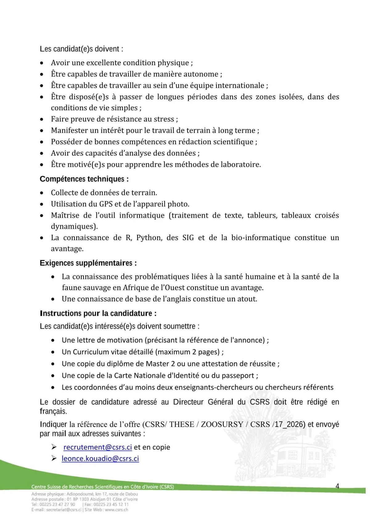 Offre RECRUTEMENT DE SCIENTIFIQUE (H/F) à COTE D'IVOIRE