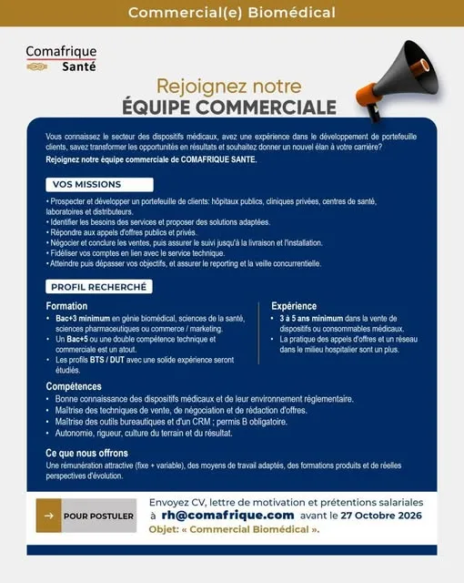 Offre RECRUTEMENT COMMERCIAL BIOMEDICAL (H/F) à COTE D'IVOIRE