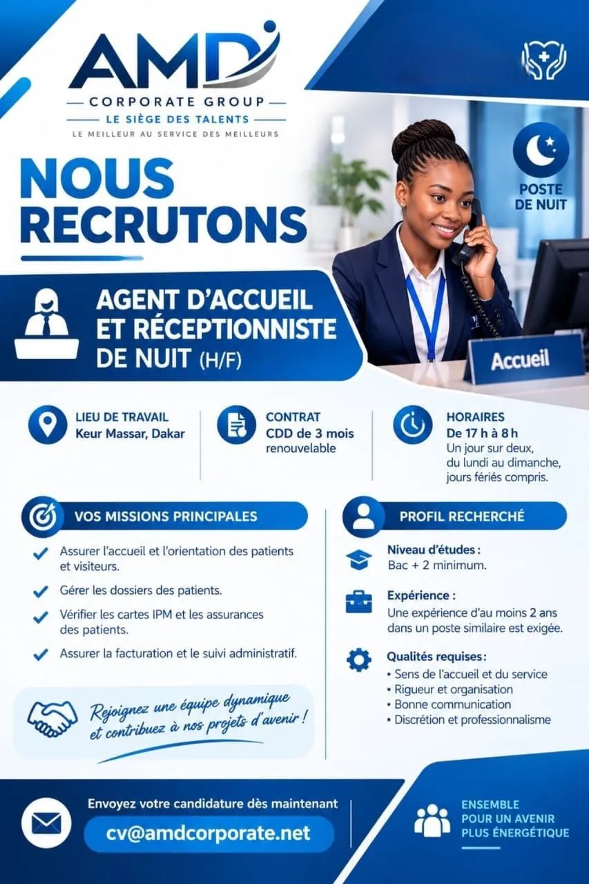 Offre RECRUTEMENT AGENT D'ACCUEIL ET RECEPTIONNISTE DE NUIT à COTE D'IVOIRE