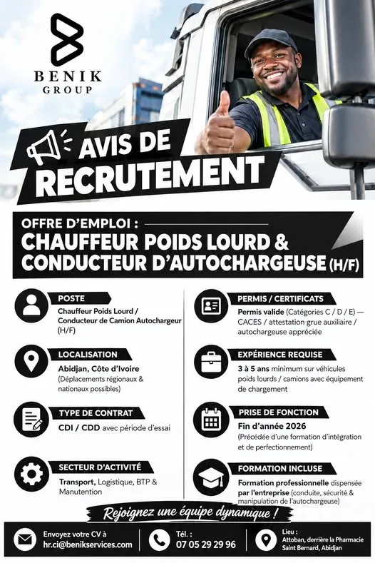 Offre RECRUTEMENT CONDUCTEUR DE CAMION AUTOCHARGEUR (H/F) à ABIDJAN