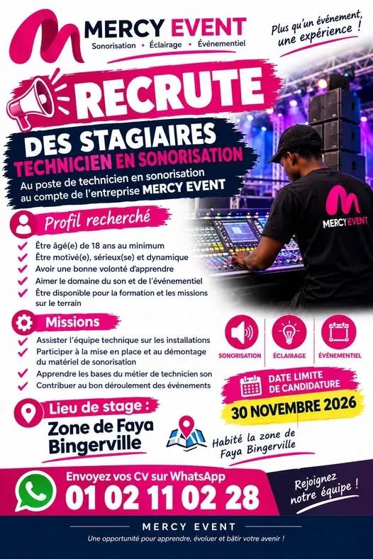 Offre RECRUTEMENT TECHNICIEN EN SONORISATION STAGIAIRE à ABIDJAN