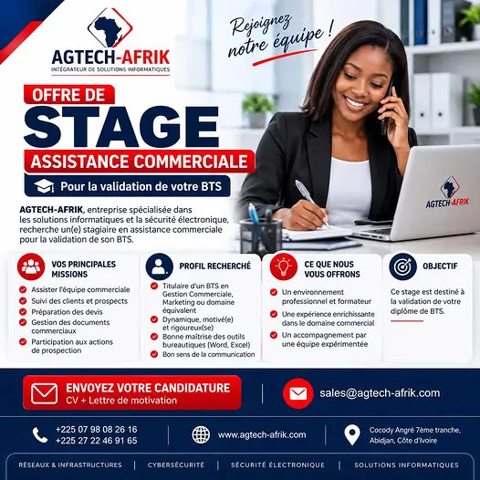 Offre OFFRE DE STAGE – ASSISTANCE COMMERCIALE à COTE D'IVOIRE