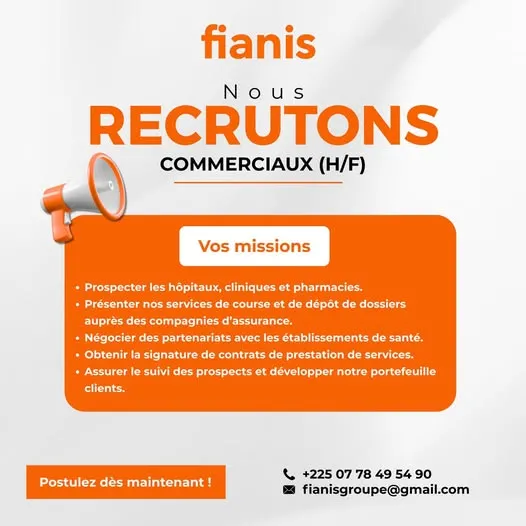 Offre RECRUTEMENT DES COMMERCIAUX TERRAIN à COTE D'IVOIRE