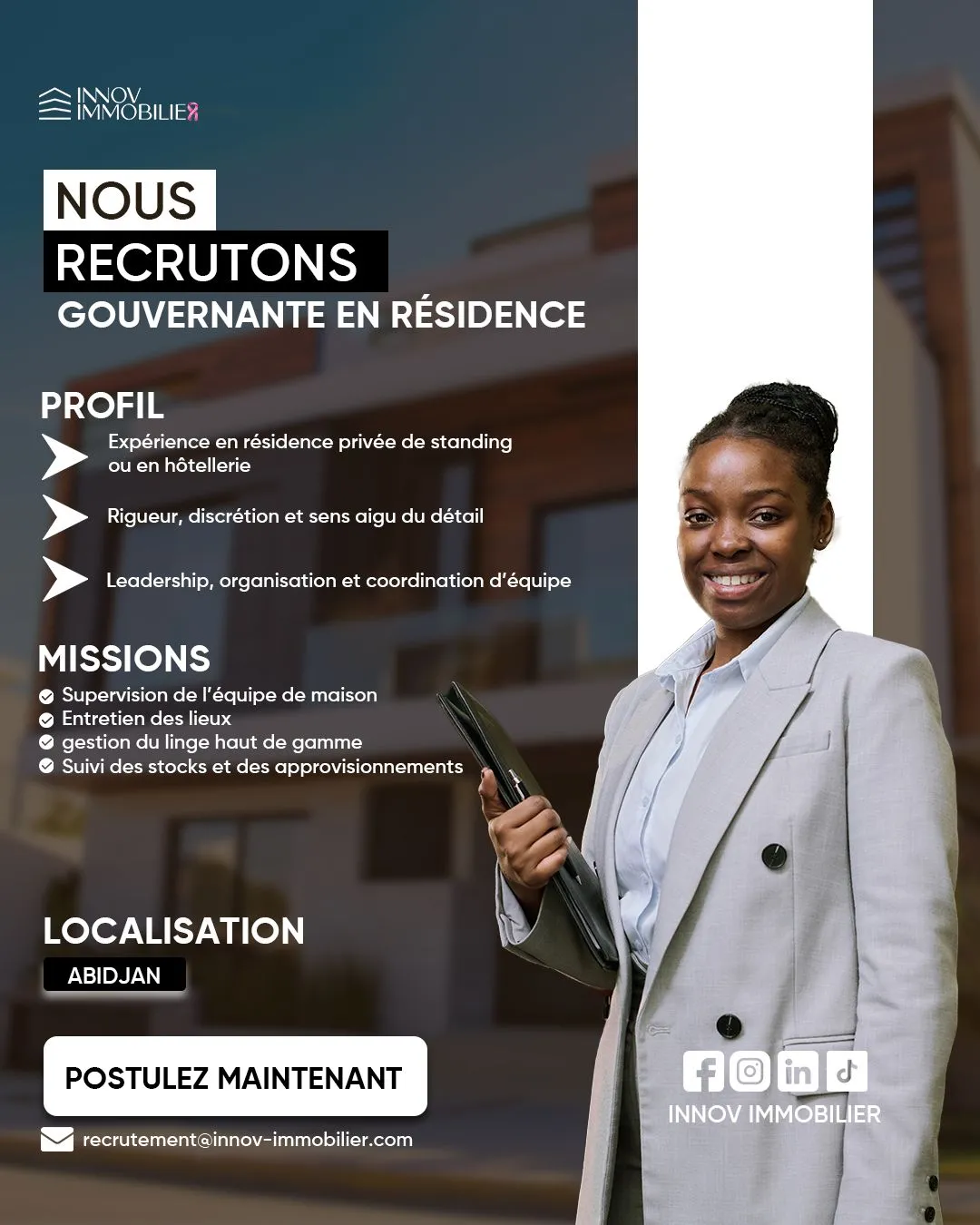 Offre RECRUTEMENT GOUVERNANTE EN RESIDENCE à ABIDJAN