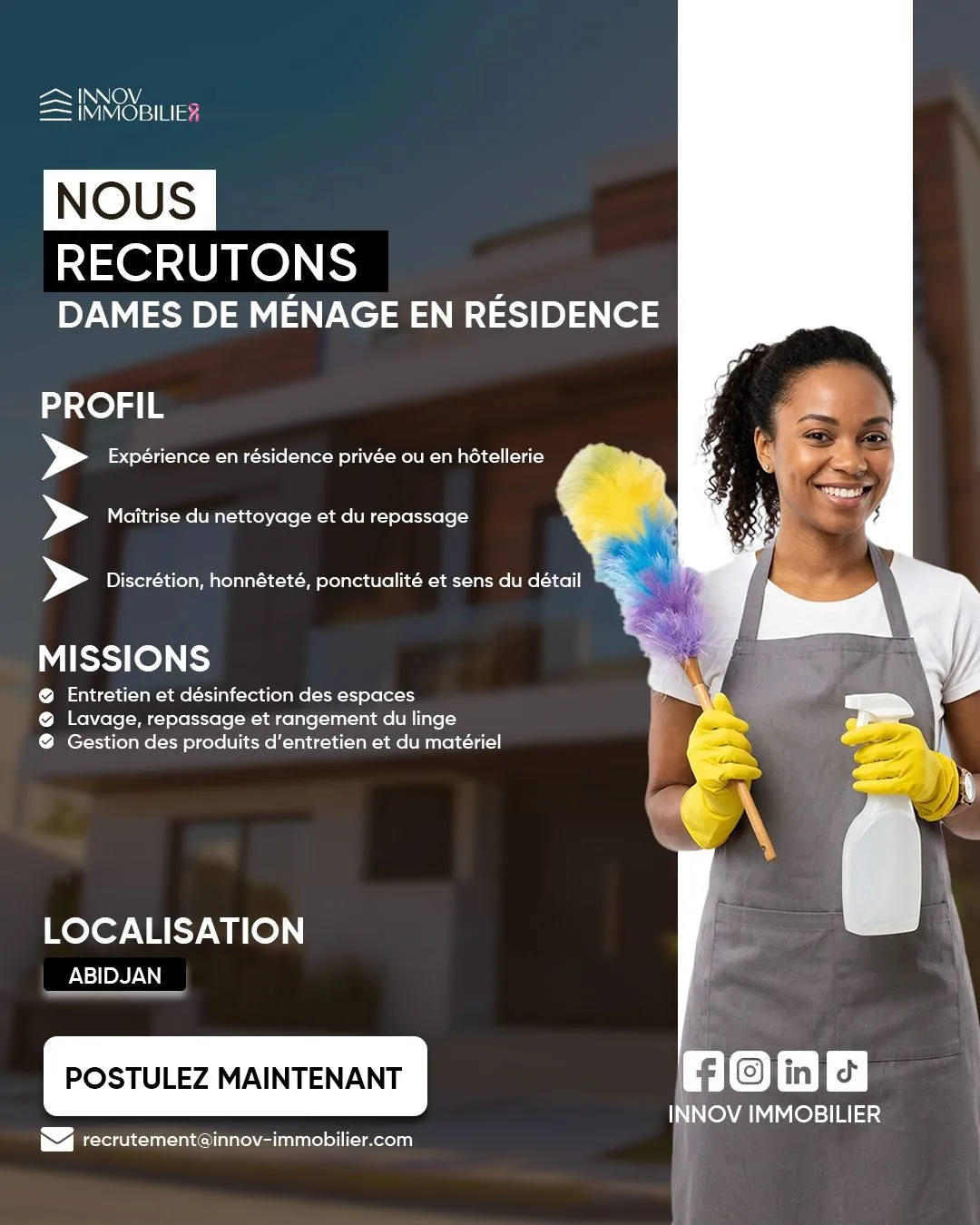 Offre RECRUTEMENT DAMES DE MENAGE EN RESIDENCE à ABIDJAN