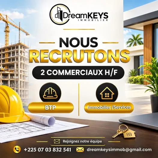 Offre RECRUTEMENT DE DEUX COMMERCIAUX à COTE D'IVOIRE