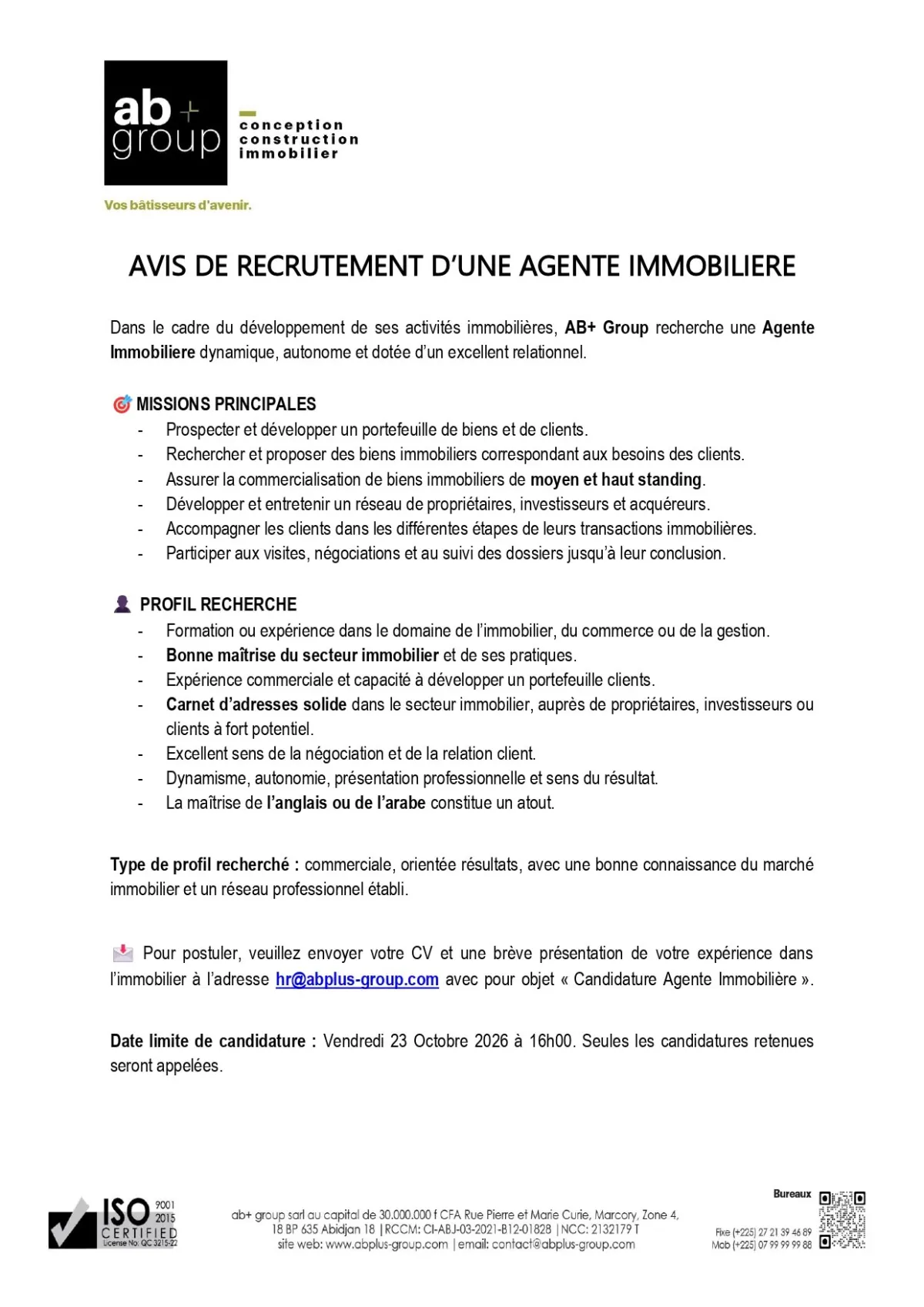 Offre RECRUTEMENT D'UNE AGENTE IMMOBILIERE à COTE D'IVOIRE