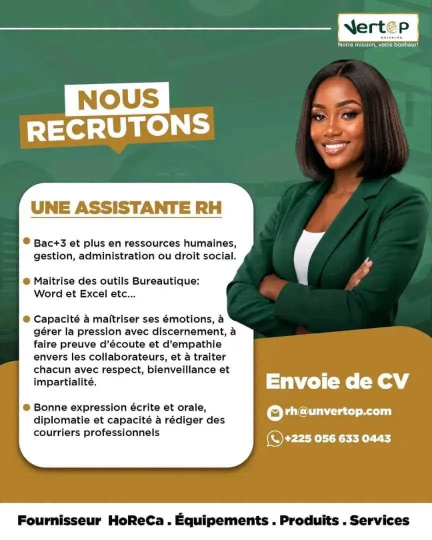 Offre RECRUTEMENT D'UNE ASSISTANTE RH à COTE D'IVOIRE