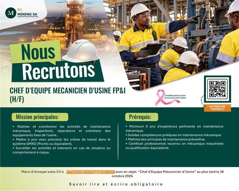 Offre RECRUTEMENT CHEF D'EQUIPE MECANICIEN USINE à COTE D'IVOIRE