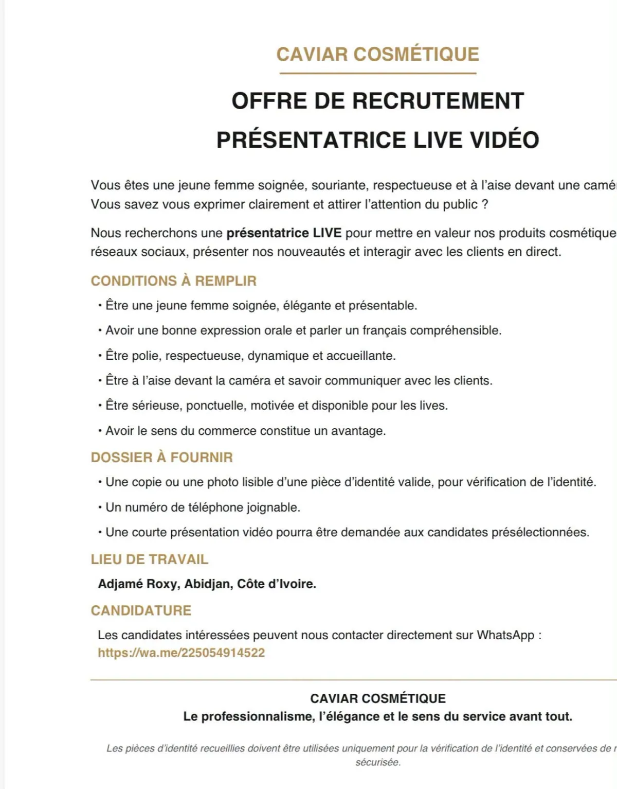 Offre OFFRE DE RECRUTEMENT PRÉSENTATRICE LIVE VIDÉO à ABIDJAN