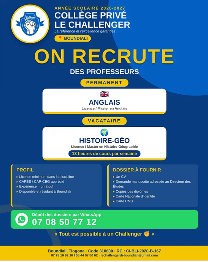 Offre RECRUTEMENT DES PROFESSEURS H/F à Cote d'ivoire