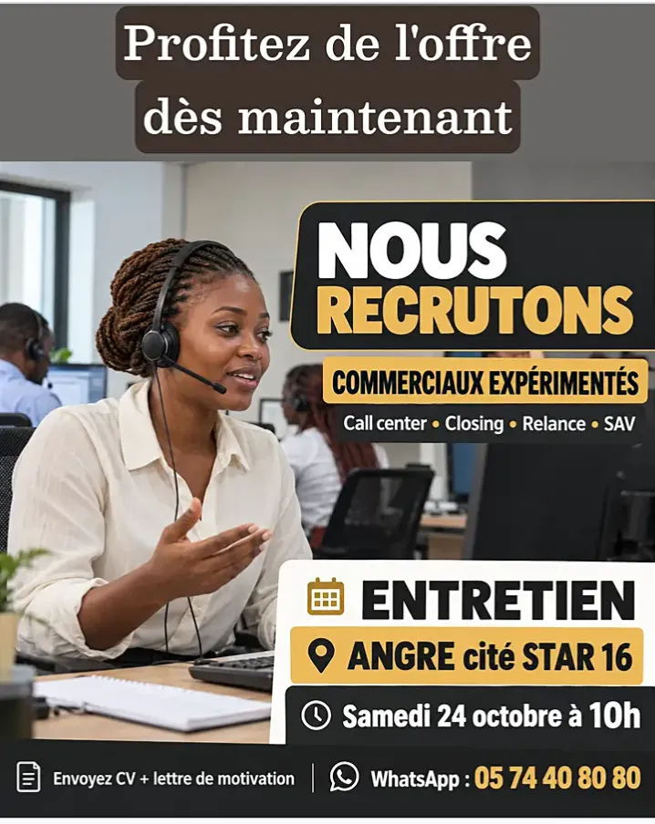 Offre RECRUTEMENT DES COMMERCIAUX EXPÉRIMENTÉS à Abidjan