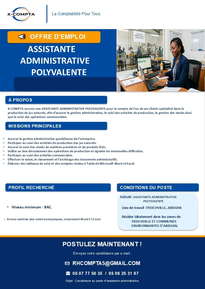 Offre RECRUTEMENT ASSISTANTE ADMINISTRATIVE POLYVALENTE à COTE D'IVOIRE