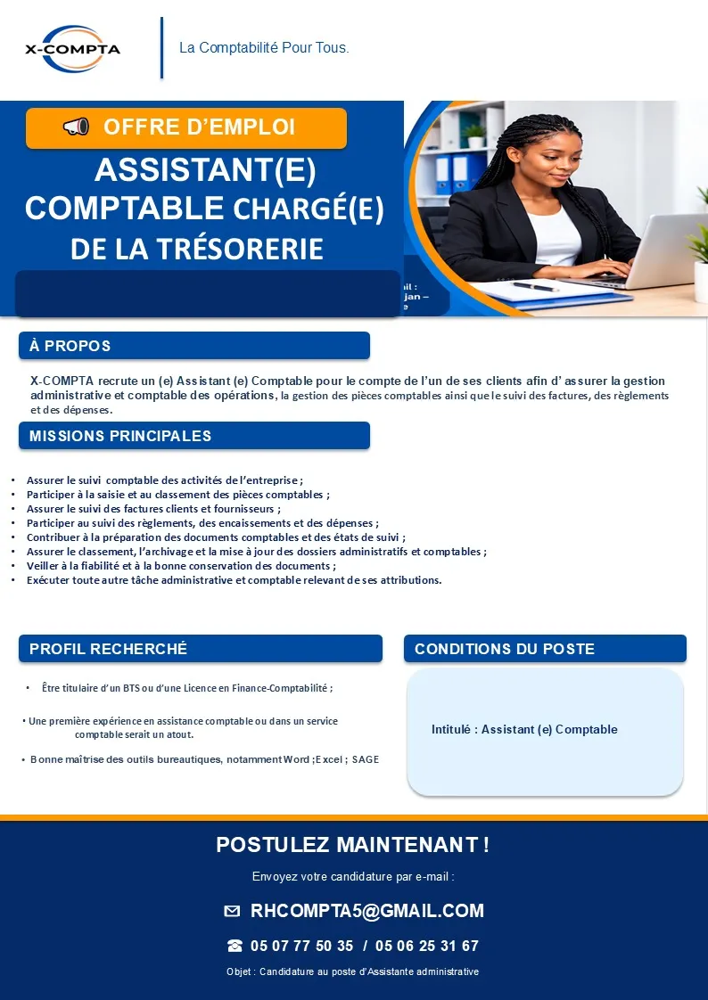 Offre RECRUTEMENT ASSISTANT COMPTABLE (H/F) à COTE D'IVOIRE