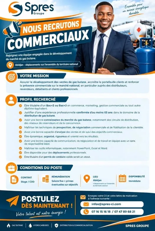 Offre OFFRE DE RECRUTEMENT COMMERCIAUX à COTE D'IVOIRE
