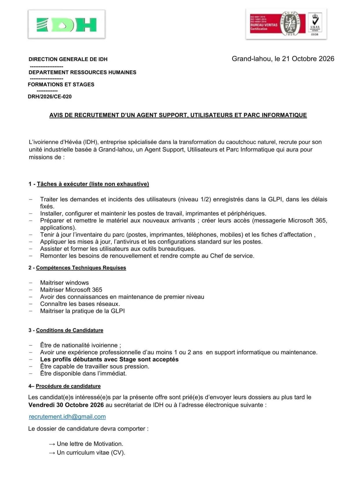 Offre RECRUTEMENT AGENT SUPPORT UTILISATEUR ET PARC INFORMATIQUE à GRAND-LAHOU