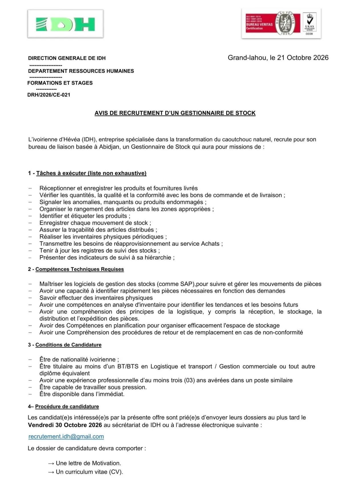 Offre RECRUTEMENT 01 GESTIONNAIRE DE STOCK à GRAND-LAHOU