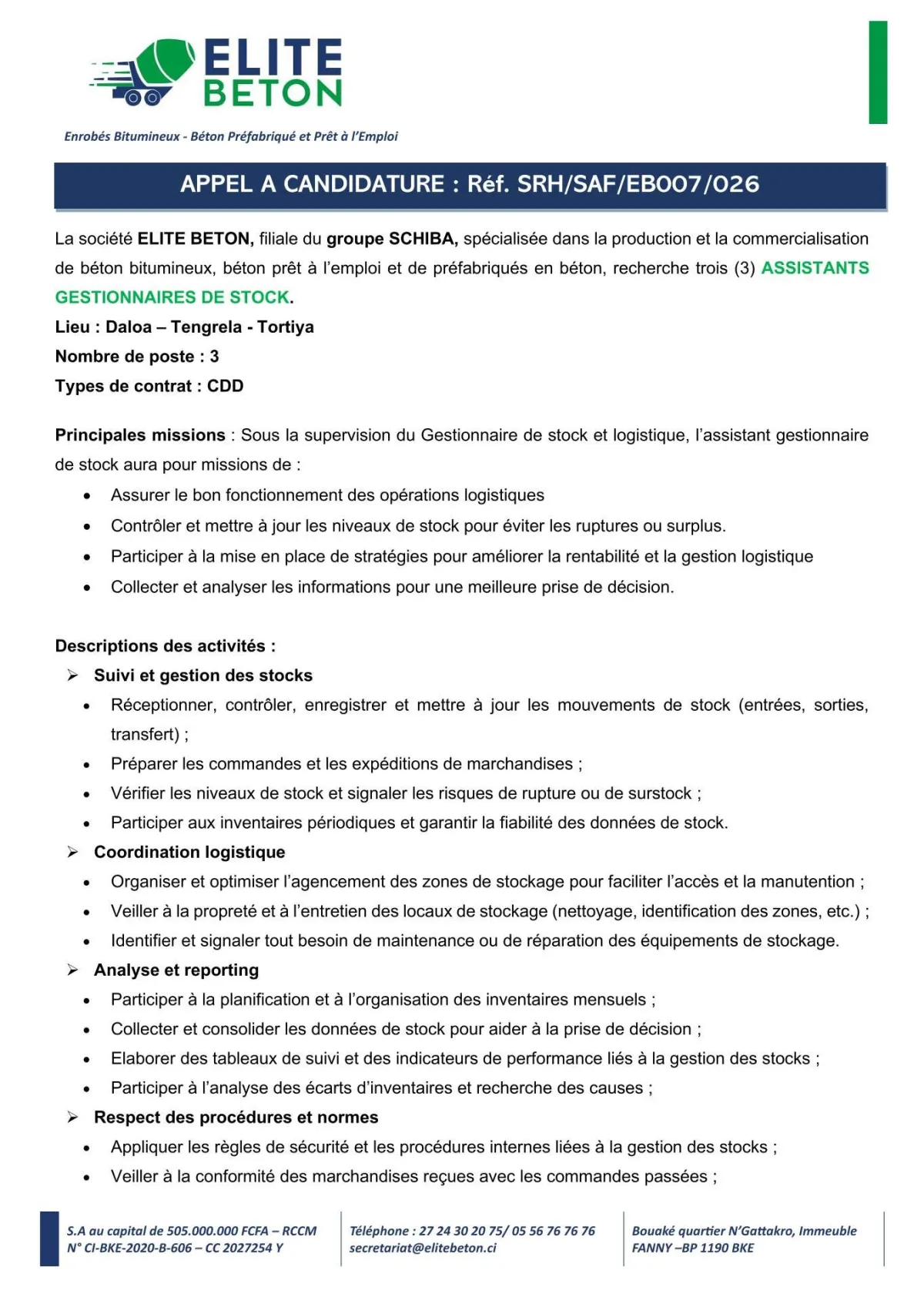 Offre ASSISTANT.E GESTIONNAIRE DE STOCK à COTE D'IVOIRE