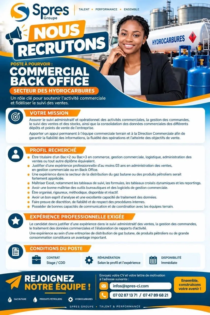 Offre OFFRE DE RECRUTEMENT – COMMERCIAL BACK OFFICE à ABIDJAN