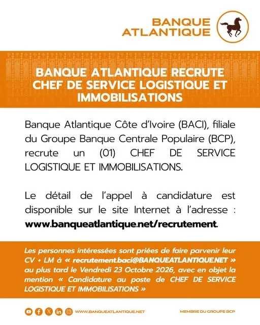 Offre CHEF DE SERVICE LOGISTIQUE ET IMMOBILISATIONS. à COTE D'IVOIRE