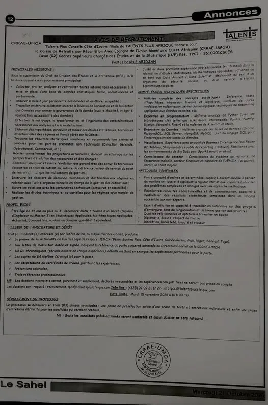 RECRUTEMENT CADRES SUPERIEUR CHARGE DES ETUDES ET DE STATISTIQUE (H/F) -  - COTE D'IVOIRE