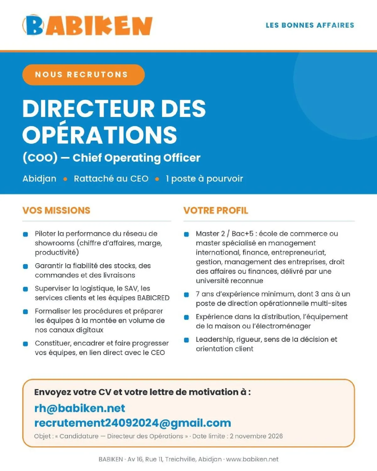 Offre RECRUTEMENT DIRECTEUR DES OPERATINS (H/F) à ABIDJAN