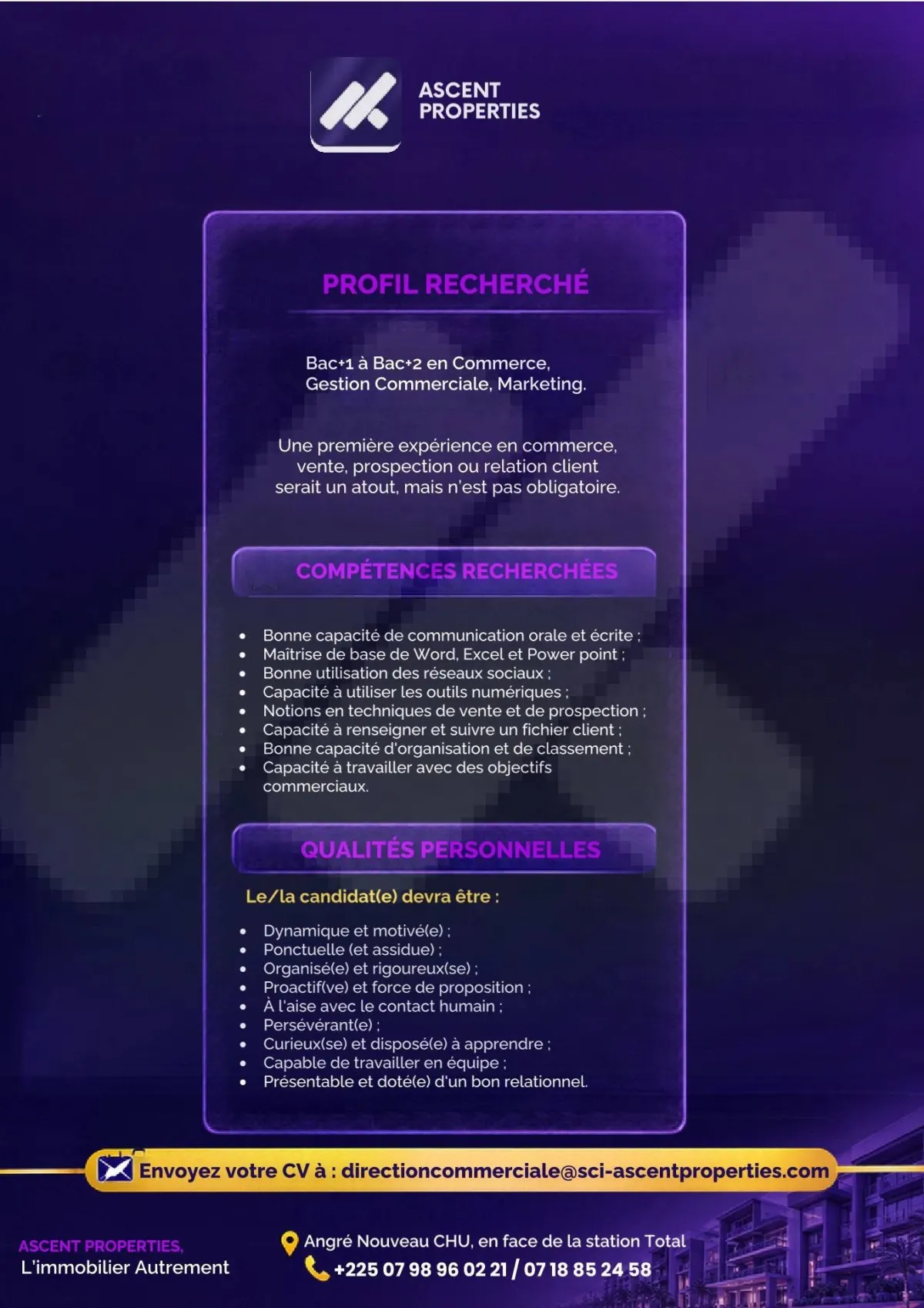 Offre RECRUTEMENT STAGIAIRE ASSISTANT COMMERCIAL (H/F) à COTE D'IVOIRE