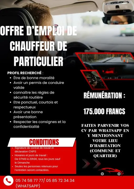 Offre RECRUTEMENT DE CHAUFFEUR PARTICULIER à COTE D'IVOIRE