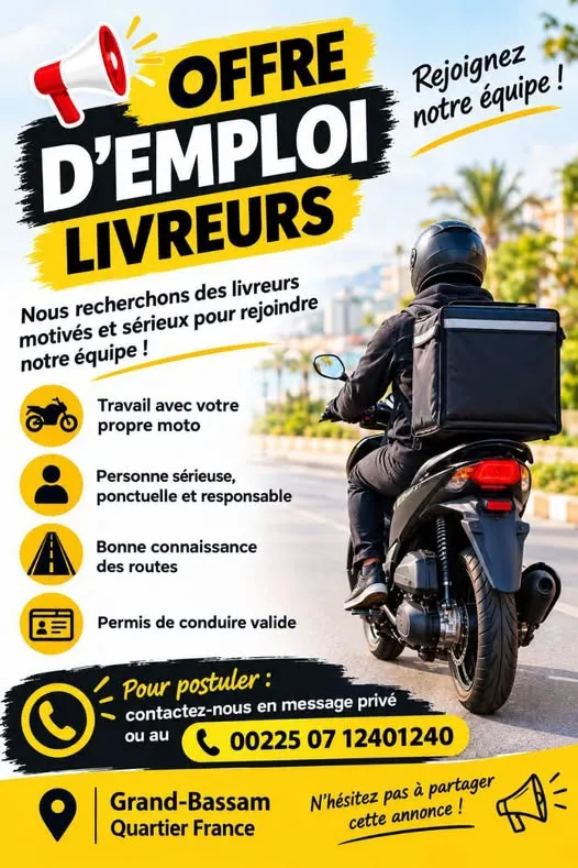 Offre 𝐎𝐅𝐅𝐑𝐄 𝐃’𝐄𝐌𝐏𝐋𝐎𝐈 𝐑𝐄𝐂𝐑𝐔𝐓𝐄𝐌𝐄𝐍𝐓 𝐃𝐄 𝐋𝐈𝐕𝐑𝐄𝐔𝐑𝐒 à GRAND-BASSAM