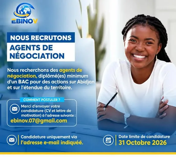 Offre RECRUTEMENT DES AGENTS DE NÉGOCIATION à COTE D'IVOIRE