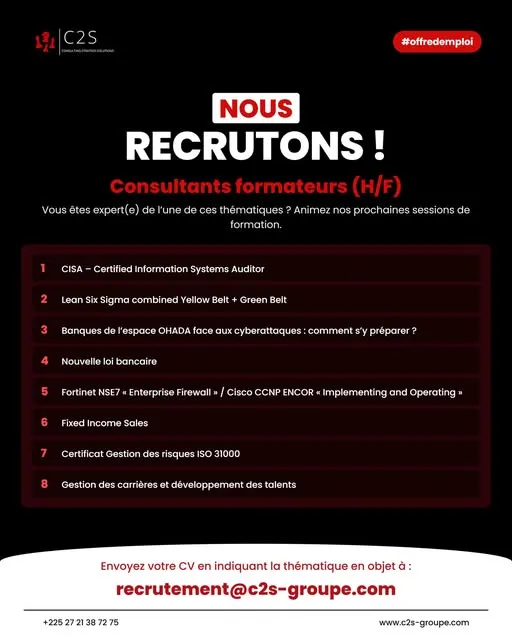 Offre RECRUTEMENT DES CONSULTANTS FORMATEURS (H/F) à COTE D'IVOIRE