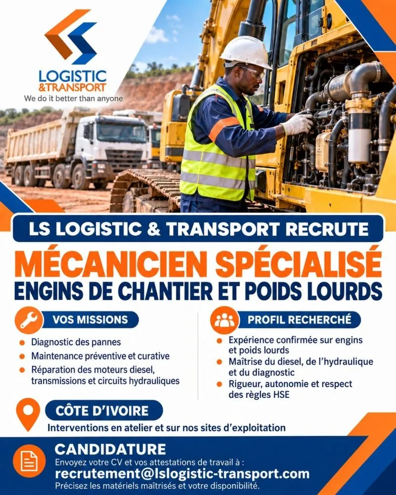 Offre RECRUTEMENT MECANICIEN SPECIALISE ENGIN DE CHANTIER à COTE D'IVOIRE