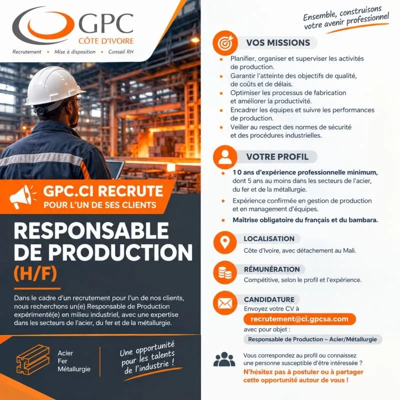 Offre RECRUTEMENT RESPONSABLE DE PRODUCTION (H/F) à COTE D'IVOIRE