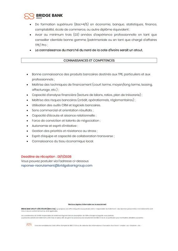 Offre RECRUTEMENT CHARGE D'AFFAIRES (H/F) à COTE D'IVOIRE