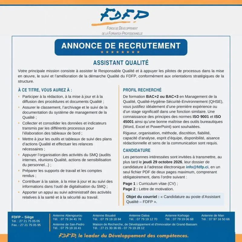Offre RECRUTEMENT ASSISTANT DE QUALITE (H/F) à COTE D'IVOIRE