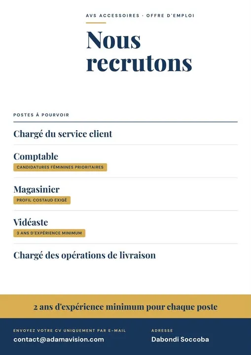Offre RECRUTEMENT DE PLUSIEURS POSTES à COTE D'IVOIRE