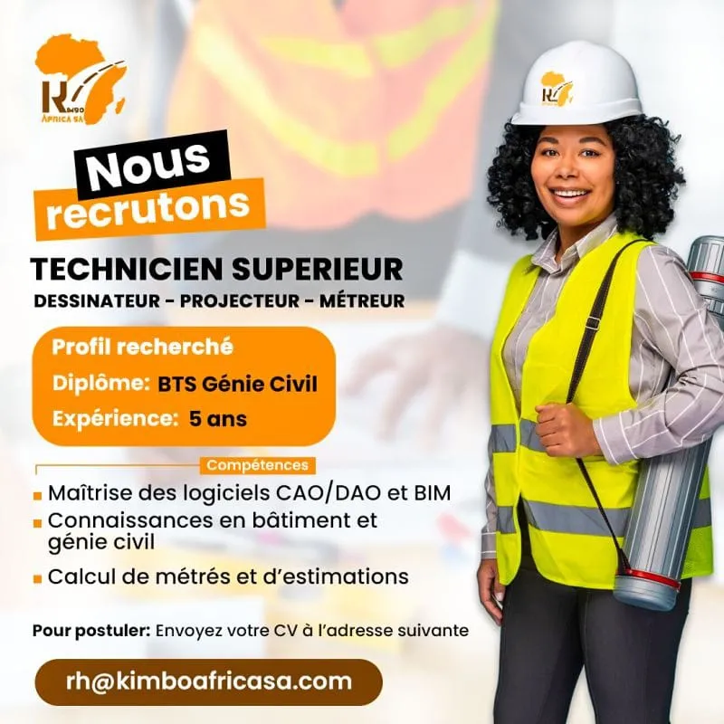 Offre RECRUTEMENT TECHNICIEN SUPERIEUR DESSINATEUR (H/F) à COTE D'IVOIRE